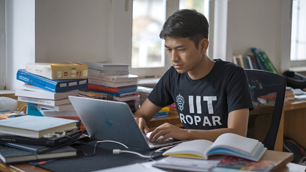 Student studying with books and laptop for IIT Ropar Minor in AI exam