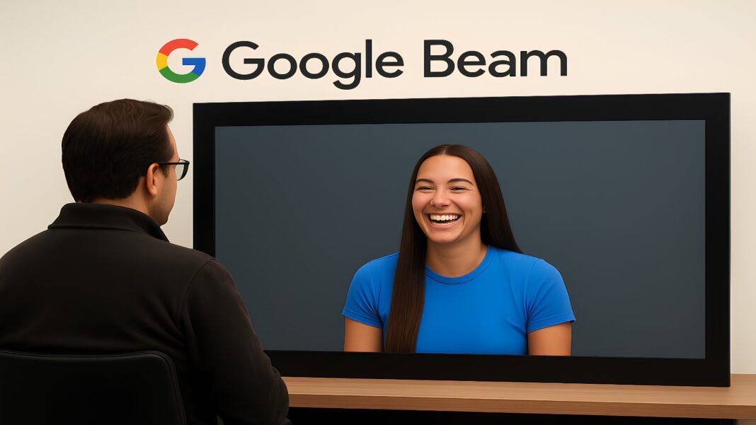Man using Google Beam AI device for a lifelike video call with a smiling woman displayed on a screen