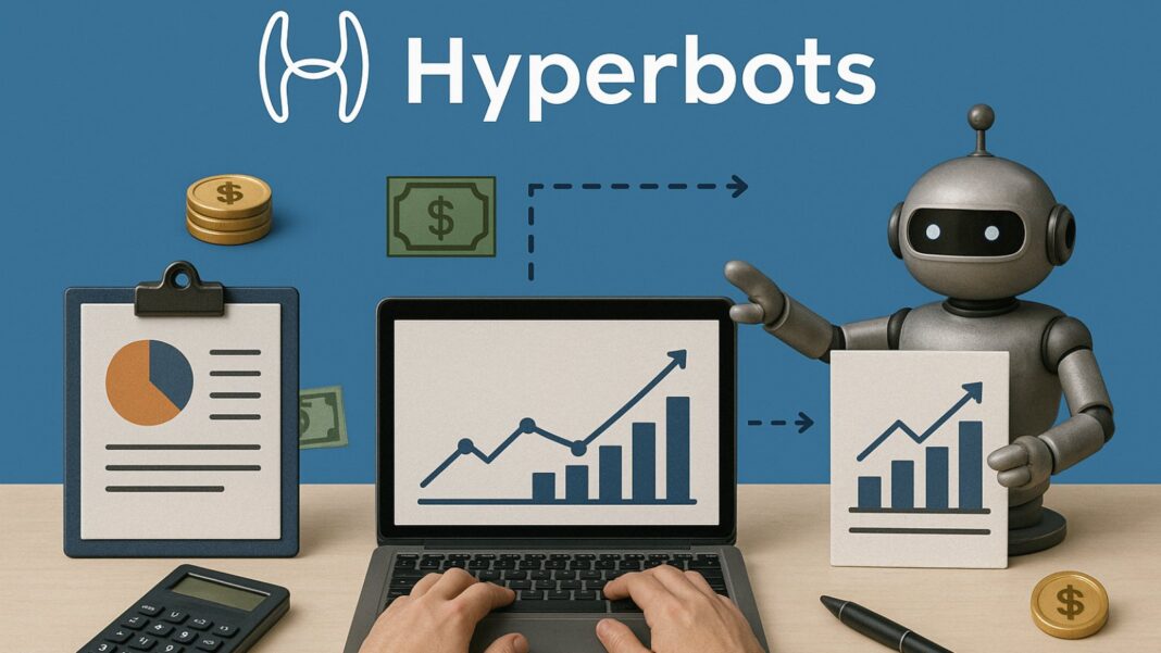 Hyperbots AI and person analyzing financial growth charts on laptop