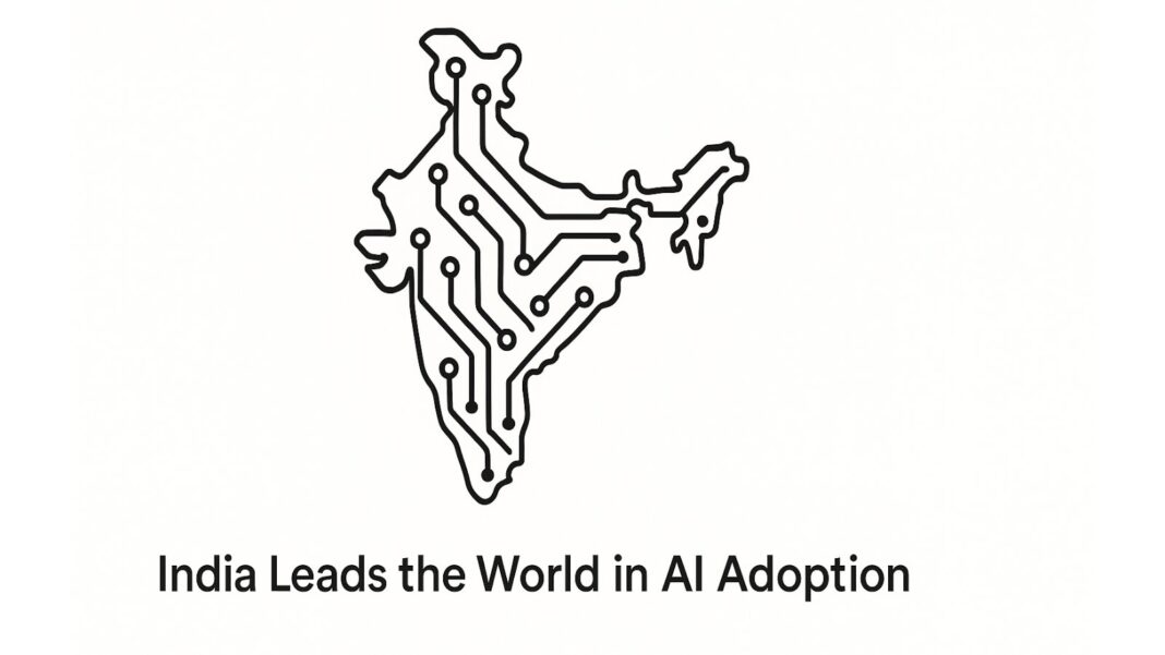 Outline of India filled with circuit lines, symbolizing AI technology, with the caption 