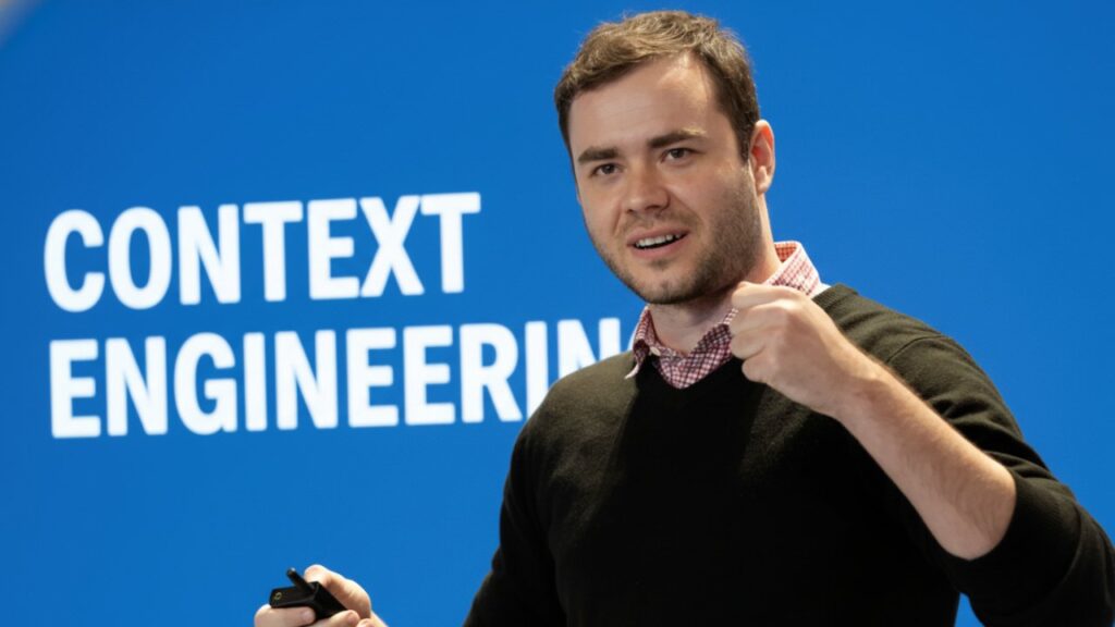 Speaker presenting about context engineering on stage