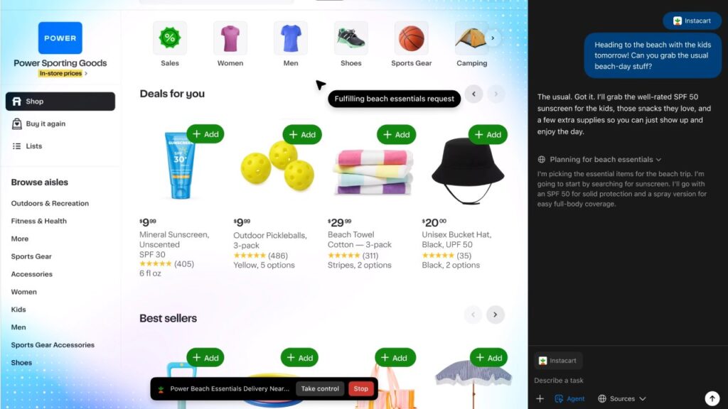 Atlas Browser autonomously shopping for beach essentials