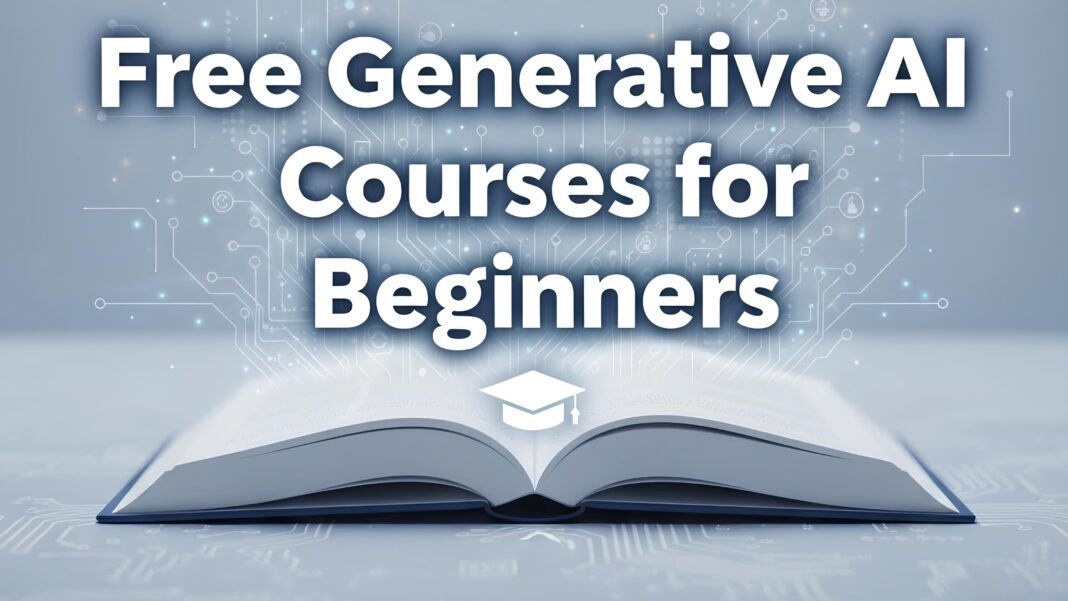 An open book with digital circuit graphics and text that reads “Free Generative AI Courses for Beginners.