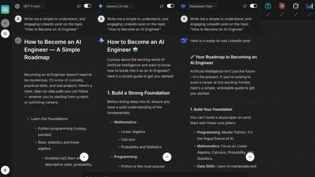 Comparison of AI models writing LinkedIn posts