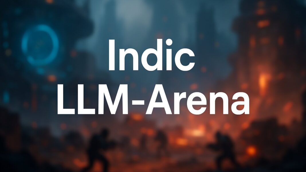 ChatGPT Classic said: Text “Indic LLM-Arena” displayed over a futuristic digital battle-themed background