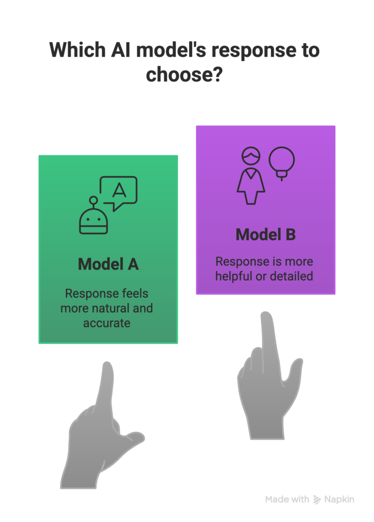 Users choose between two AI model responses based on accuracy or helpfulness